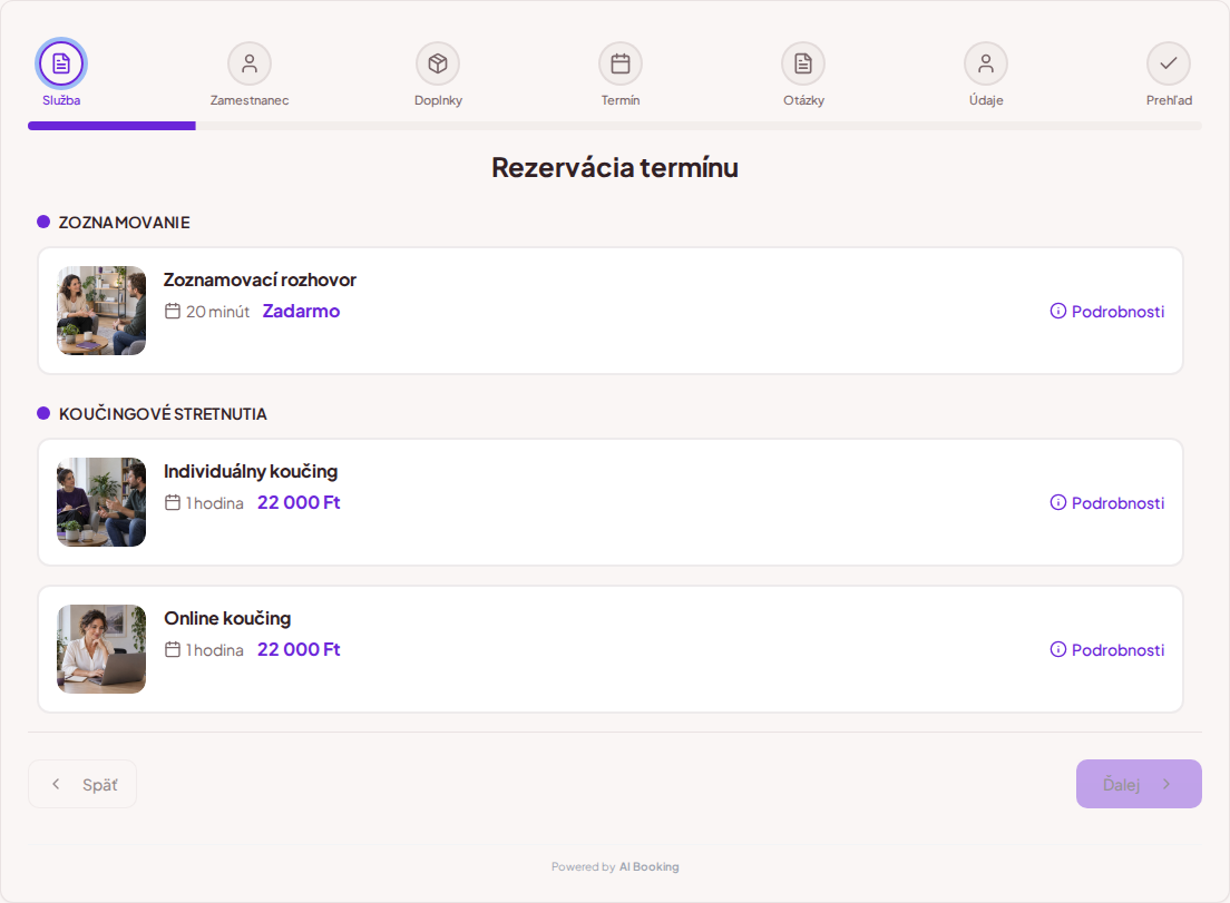 Systém na rezerváciu termínov pre koučov – Zoznamovací rozhovor, Individuálny koučing, Online koučing s cenami, dĺžkou a kategóriami Systém na rezerváciu termínov pre koučov – Zoznamovací rozhovor, Individuálny koučing, Online koučing s cenami, dĺžkou a kategóriami