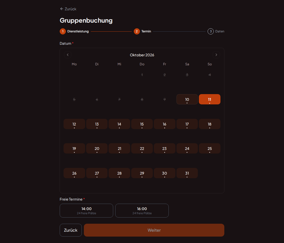 Buchungssystem für Teambuilding-Programme – Buchungskalender für Teambuilding-Programme mit ausreichend Plätzen für die Gruppengröße