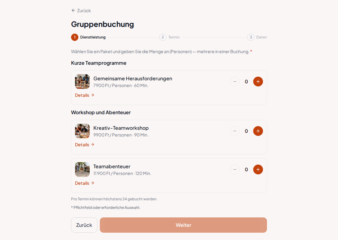 Buchungssystem für Teambuilding-Programme – Gemeinsame Herausforderungen, Kreativ-Teamworkshop, Teamabenteuer mit Preisen, Dauer und Kategorien