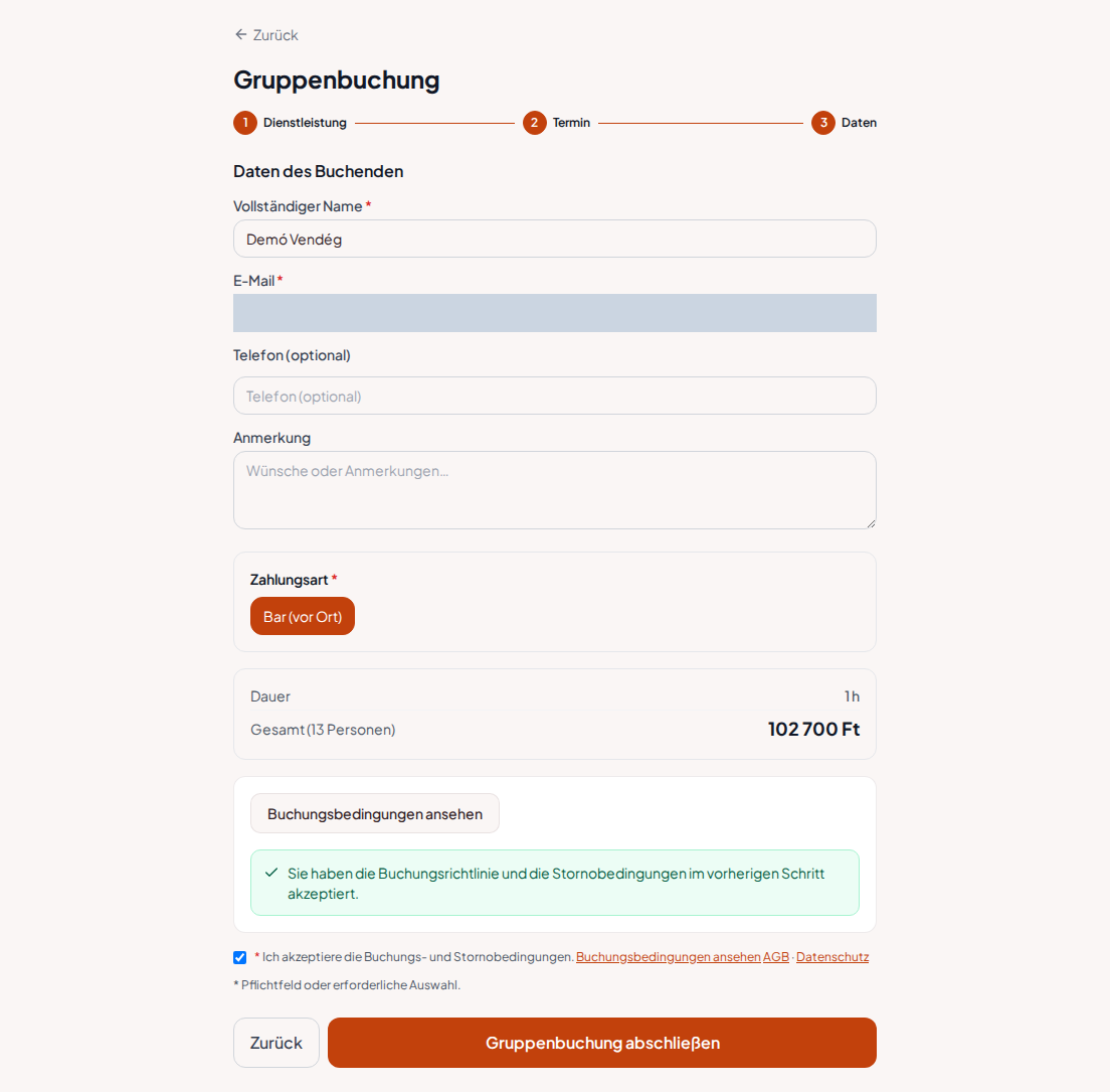 Buchungssystem für Teambuilding-Programme – Gruppenzusammenfassung für Teambuilding-Programm mit Programm, Personenzahl und Gesamtpreis