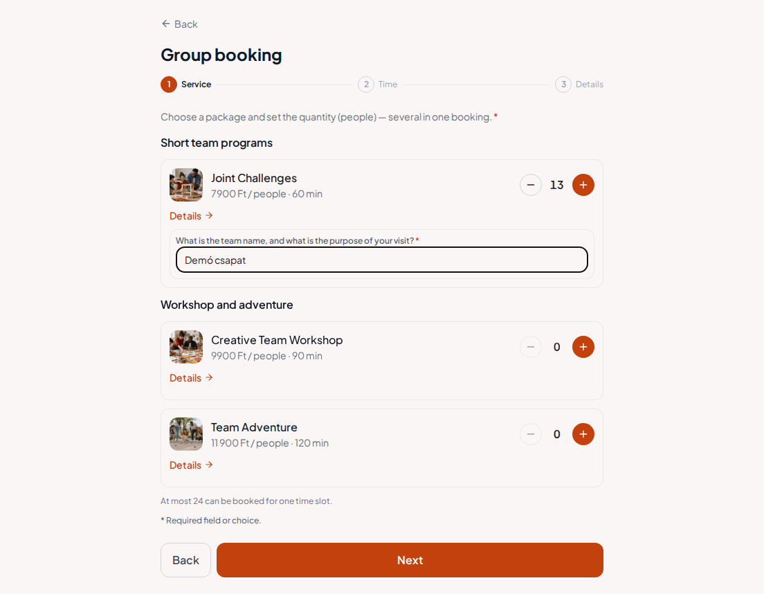 Booking system for team building programs – Team building program pre-booking question: What is the team name, and what is the purpose of your visit?