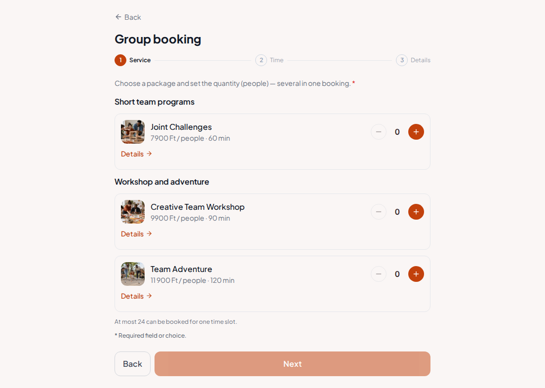 Booking system for team building programs – Joint Challenges, Creative Team Workshop, Team Adventure with prices, durations, and categories