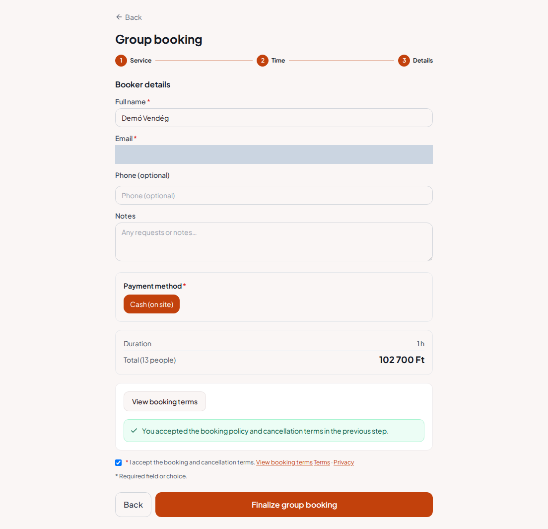 Booking system for team building programs – Team building program group summary with program, size, and total fee