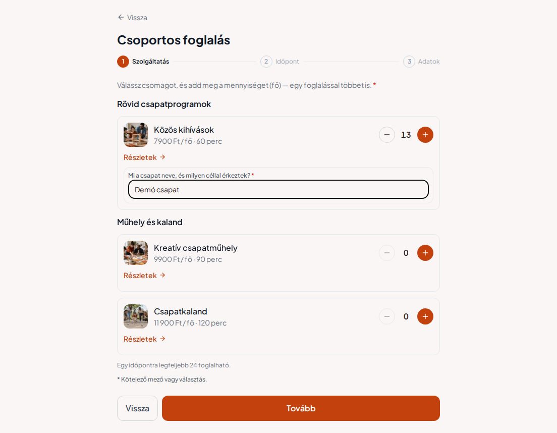 Foglalórendszer csapatépítő programokhoz – Csapatépítő program előzetes foglalási kérdése: Mi a csapat neve, és milyen céllal érkeztek? Foglalórendszer csapatépítő programokhoz – Csapatépítő program előzetes foglalási kérdése: Mi a csapat neve, és milyen céllal érkeztek?