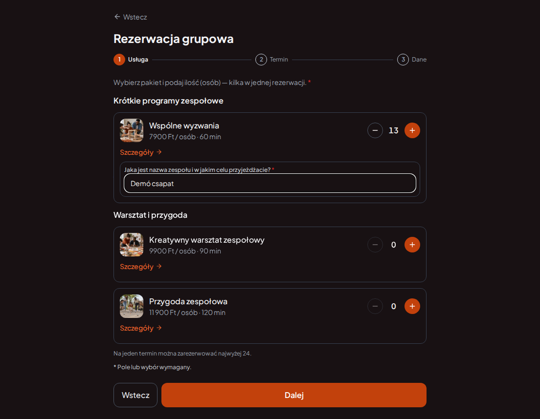 System rezerwacyjny dla programów teambuildingowych – Pytanie wstępne do rezerwacji programu team building: Jak nazywa się zespół i w jakim celu przyjeżdżacie?