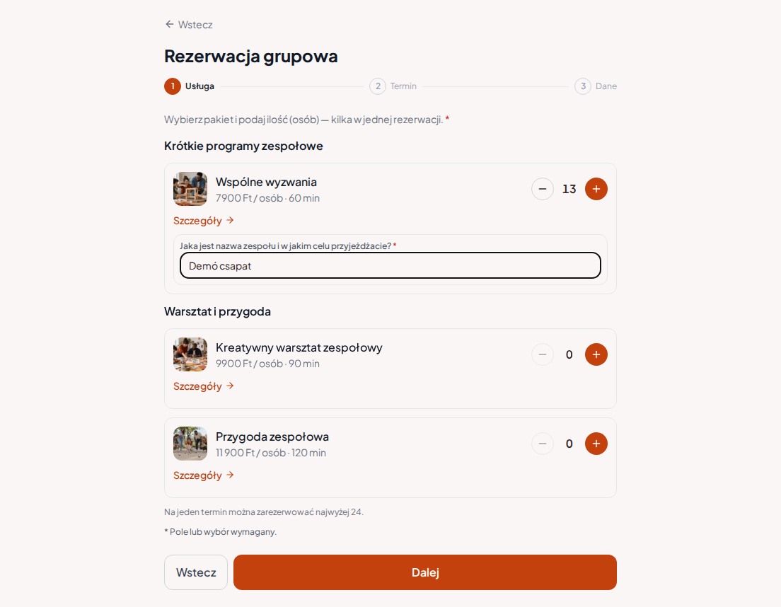 System rezerwacyjny dla programów teambuildingowych – Pytanie wstępne do rezerwacji programu team building: Jak nazywa się zespół i w jakim celu przyjeżdżacie?