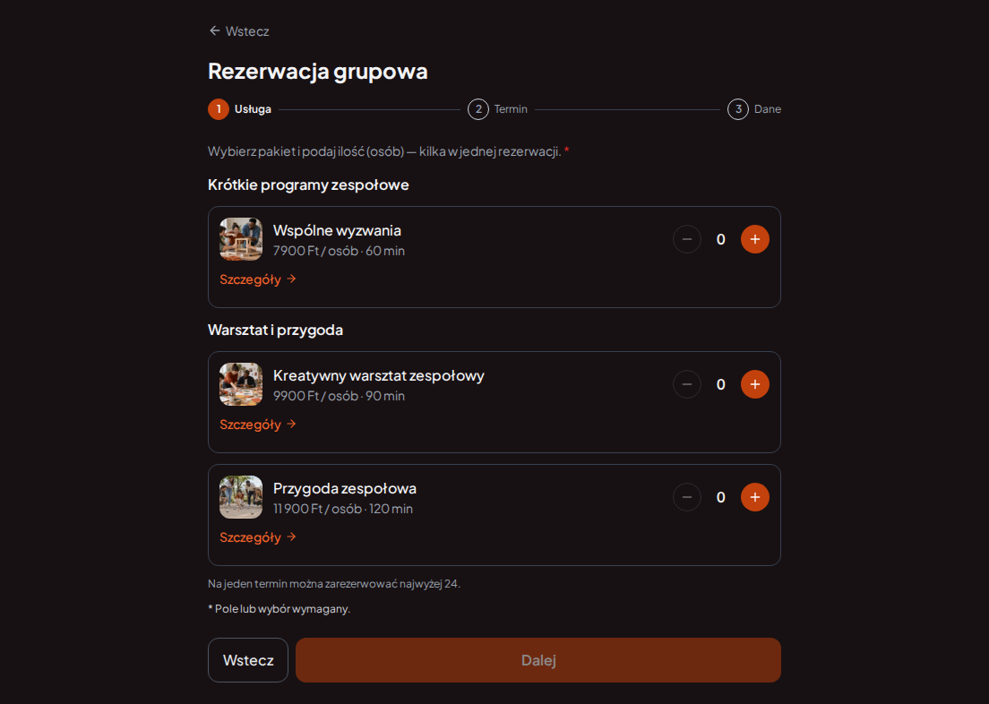 System rezerwacyjny dla programów teambuildingowych – Wspólne wyzwania, Kreatywny warsztat zespołowy, Przygoda zespołowa z cenami, czasem trwania i kategoriami