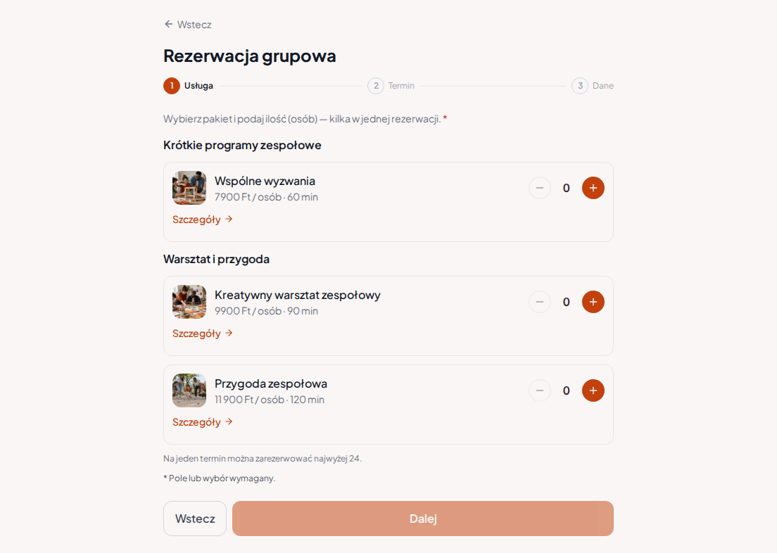 System rezerwacyjny dla programów teambuildingowych – Wspólne wyzwania, Kreatywny warsztat zespołowy, Przygoda zespołowa z cenami, czasem trwania i kategoriami