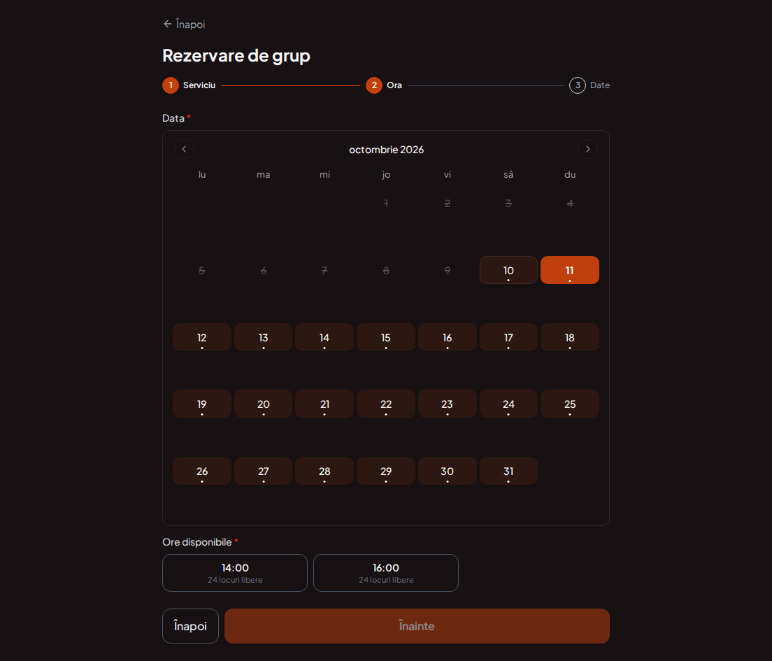 Sistem de rezervări pentru programe de team building – Calendar de rezervări pentru programe de team building cu locuri suficiente pentru numărul de persoane din grup