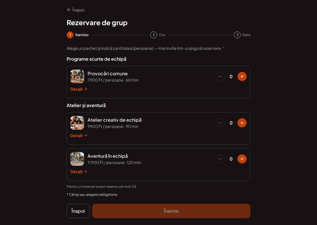 Sistem de rezervări pentru programe de team building – Provocări comune, Atelier creativ de echipă, Aventură în echipă cu prețuri, durate și categorii