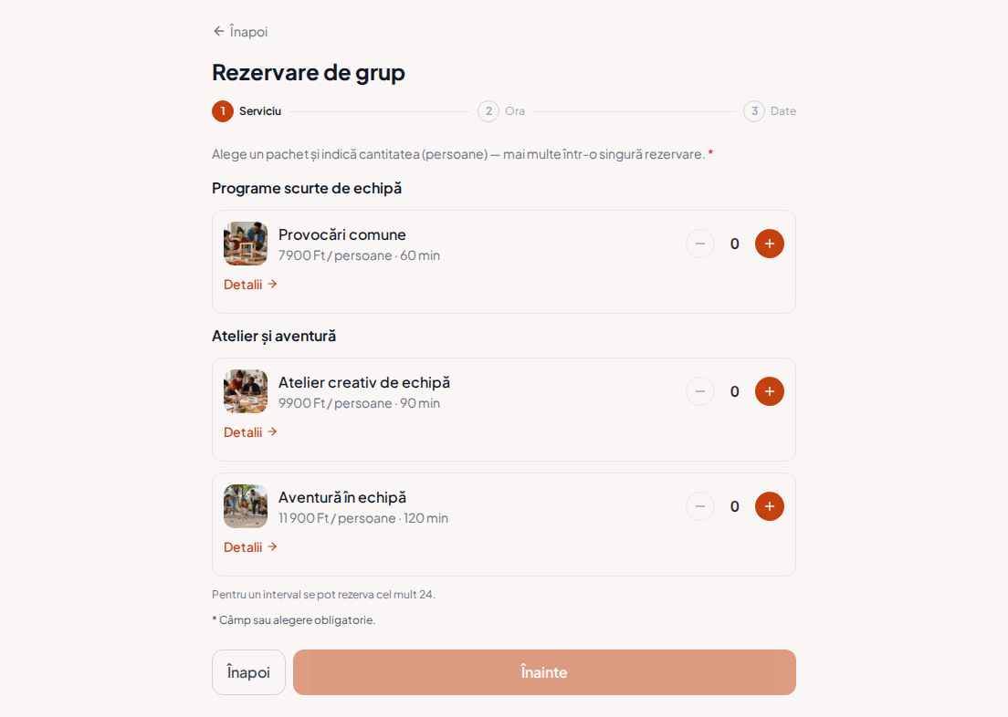 Sistem de rezervări pentru programe de team building – Provocări comune, Atelier creativ de echipă, Aventură în echipă cu prețuri, durate și categorii