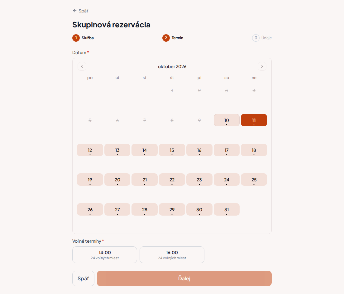 Rezervačný systém pre teambuildingové programy – Kalendár rezervácií teambuildingových programov s dostatočnou kapacitou pre počet členov skupiny