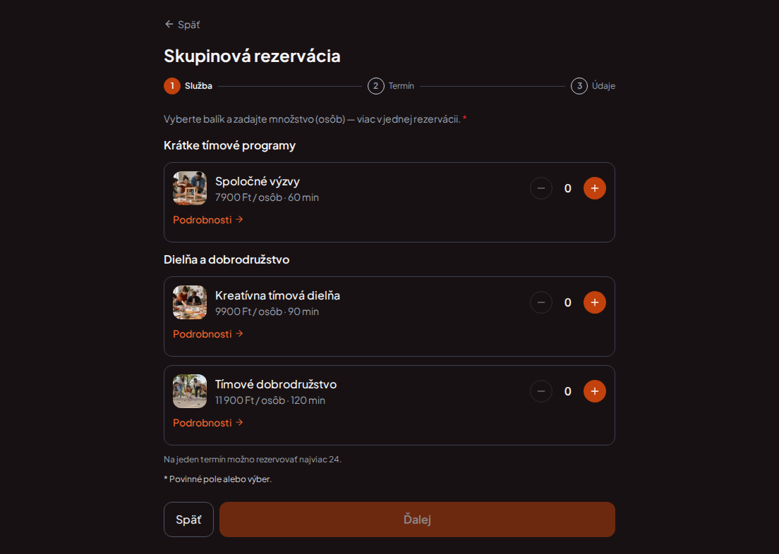 Rezervačný systém pre teambuildingové programy – Spoločné výzvy, Kreatívna tímová dielňa, Tímové dobrodružstvo s cenami, dĺžkou a kategóriami