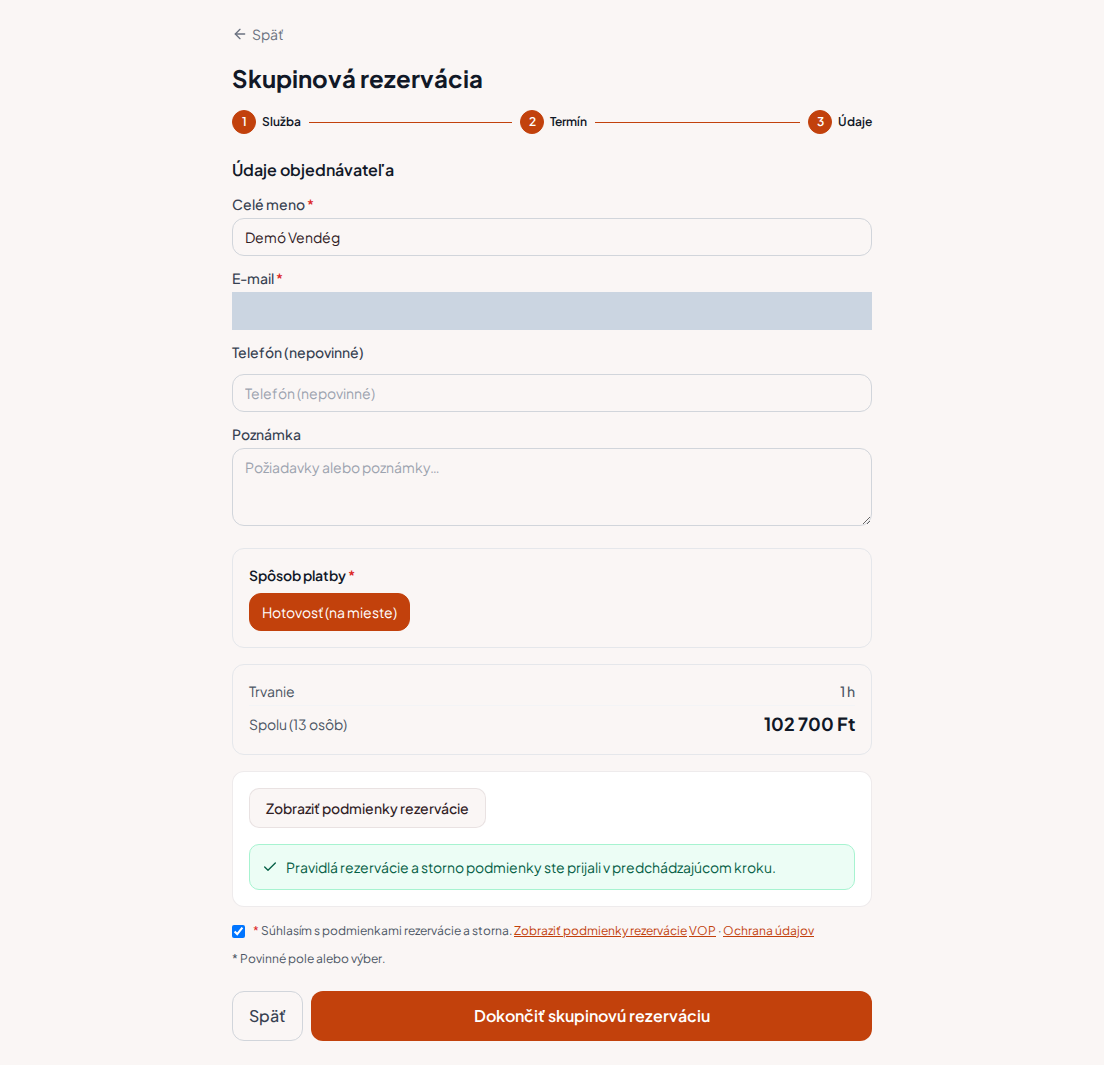Rezervačný systém pre teambuildingové programy – Skupinové zhrnutie teambuildingového programu s programom, počtom osôb a celkovou cenou