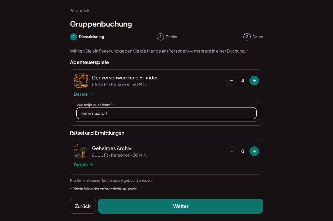 Gruppenbuchung für Escape-Rooms – Gruppenformular für den Escape-Room mit Kontaktdaten und Teamname