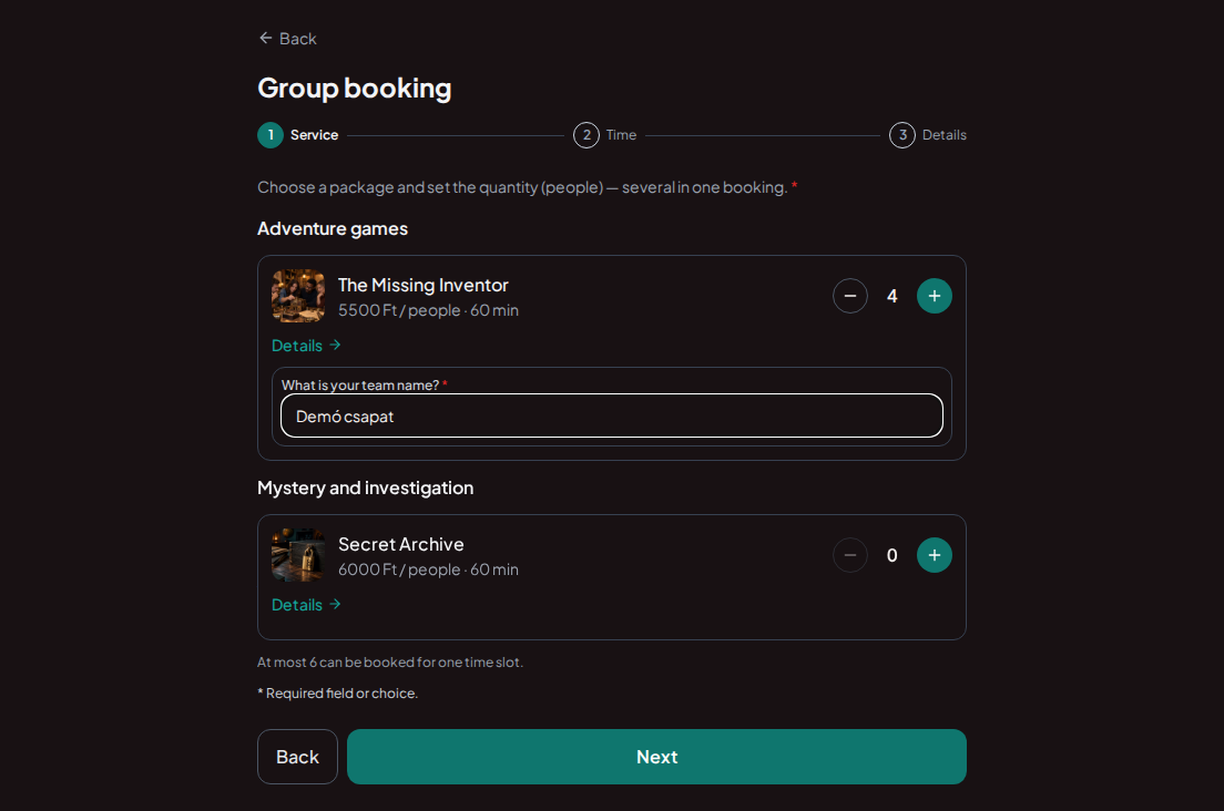 Group booking for escape rooms – Escape room group form with organiser details and team name Group booking for escape rooms – Escape room group form with organiser details and team name