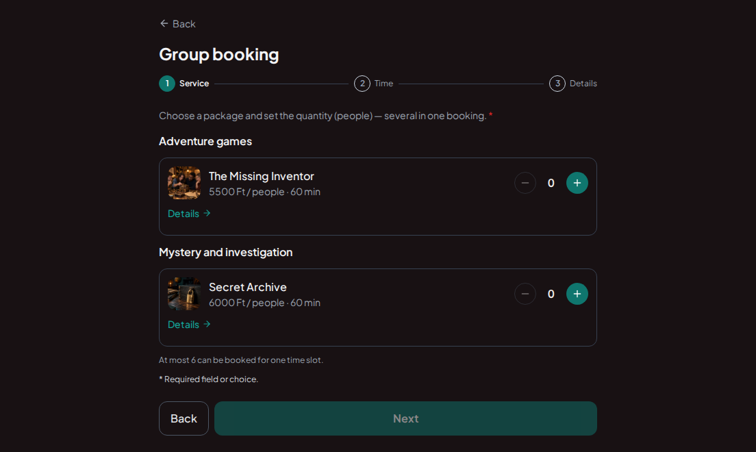 Group booking for escape rooms – Escape rooms with photos, game duration, price per person and group-size selection Group booking for escape rooms – Escape rooms with photos, game duration, price per person and group-size selection