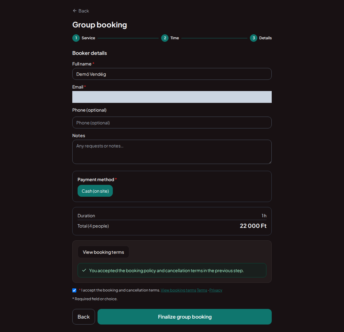 Group booking for escape rooms – Group booking summary with game, start time, number of players and total price Group booking for escape rooms – Group booking summary with game, start time, number of players and total price