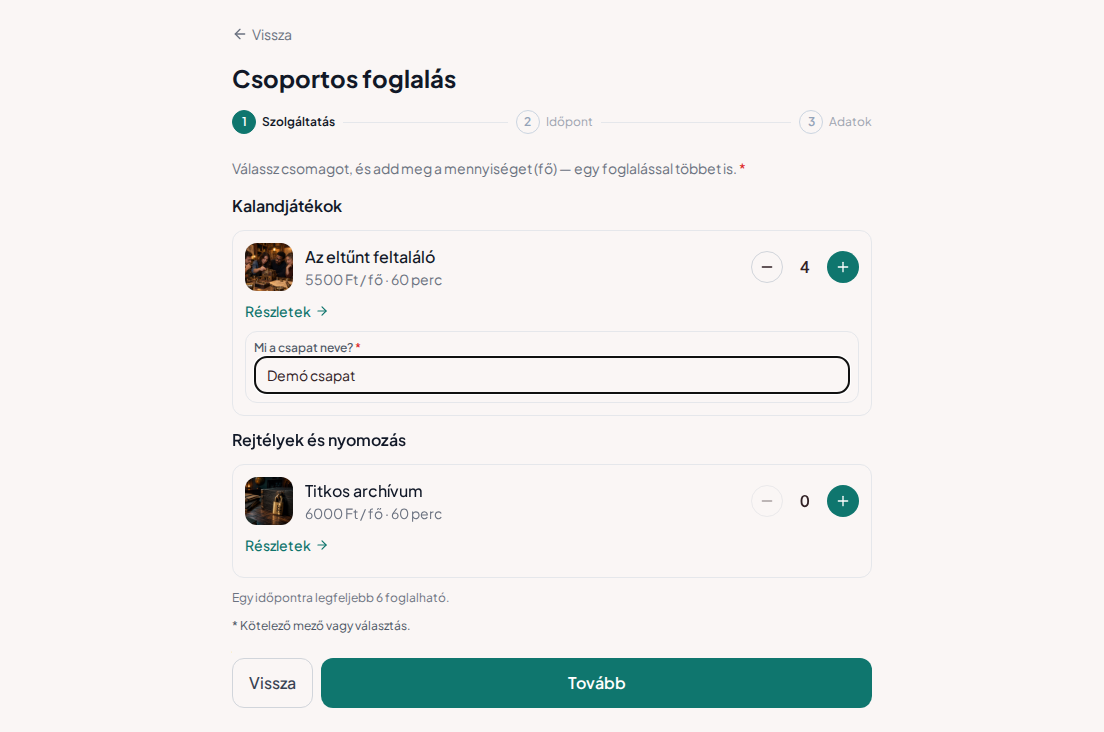 Csoportos foglalás szabadulószobába – Szabadulószoba csoportos űrlapja a kapcsolattartó adataival és a csapat nevével