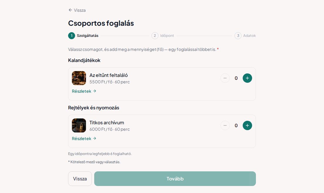 Csoportos foglalás szabadulószobába – Szabadulószobák képekkel, játékidővel, fejenkénti árral és létszámválasztással