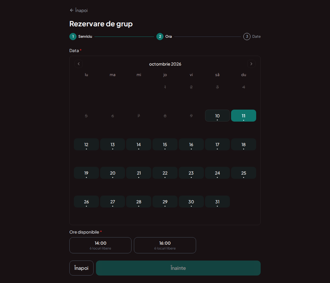 Rezervări de grup pentru camere de evadare – Calendar de rezervări de grup cu intervale disponibile pentru întreaga echipă