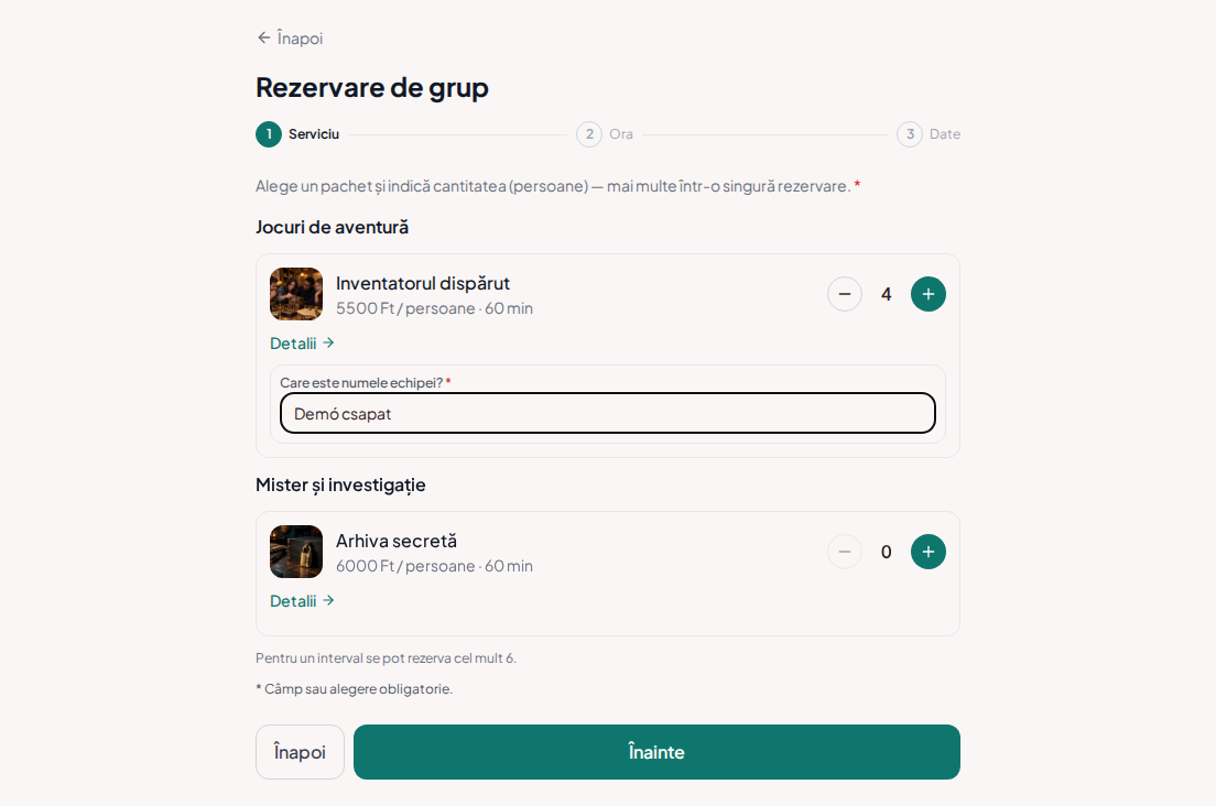 Rezervări de grup pentru camere de evadare – Formular de grup pentru camera de evadare cu datele organizatorului și numele echipei