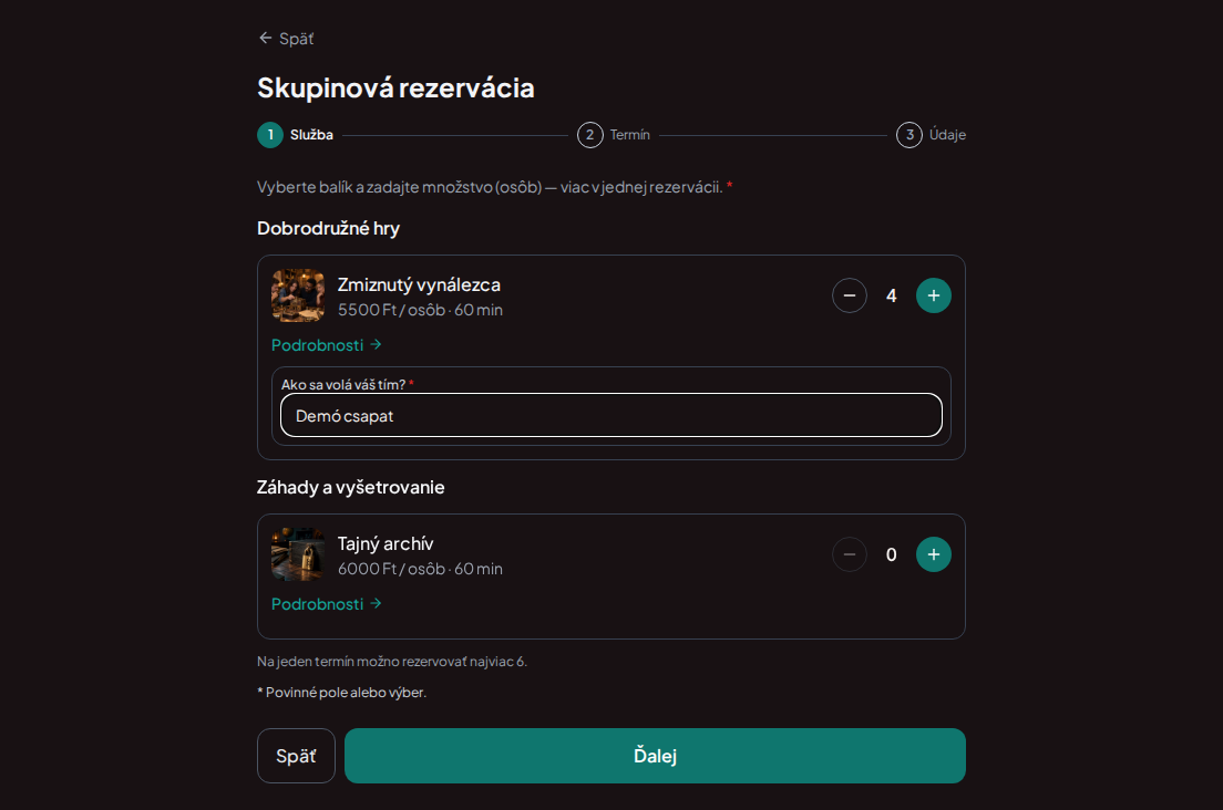 Skupinové rezervácie únikových hier – Skupinový formulár únikovej hry s údajmi kontaktnej osoby a názvom tímu Skupinové rezervácie únikových hier – Skupinový formulár únikovej hry s údajmi kontaktnej osoby a názvom tímu