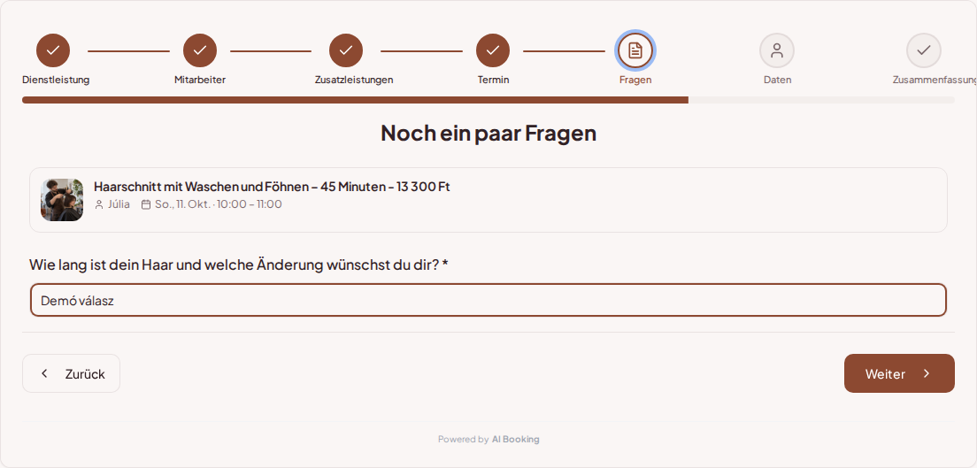 Terminbuchungssystem für Friseure – Vorab-Buchungsfrage für Friseurbesuch: Wie lang ist dein Haar und welche Änderung wünschst du dir? Terminbuchungssystem für Friseure – Vorab-Buchungsfrage für Friseurbesuch: Wie lang ist dein Haar und welche Änderung wünschst du dir?