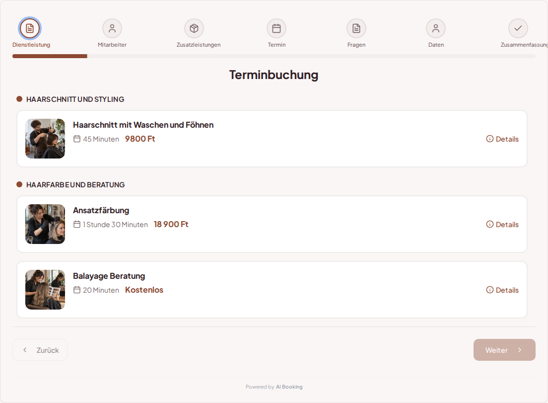 Terminbuchungssystem für Friseure – Haarschnitt mit Waschen und Föhnen, Ansatzfärbung, Balayage Beratung mit Preisen, Dauer und Kategorien Terminbuchungssystem für Friseure – Haarschnitt mit Waschen und Föhnen, Ansatzfärbung, Balayage Beratung mit Preisen, Dauer und Kategorien