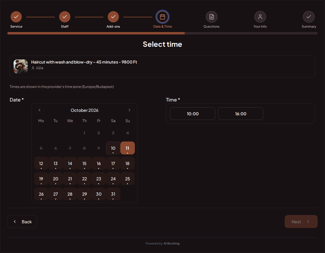 Appointment booking system for hairdressers – Hairdresser appointment booking calendar with available slots for the selected service Appointment booking system for hairdressers – Hairdresser appointment booking calendar with available slots for the selected service