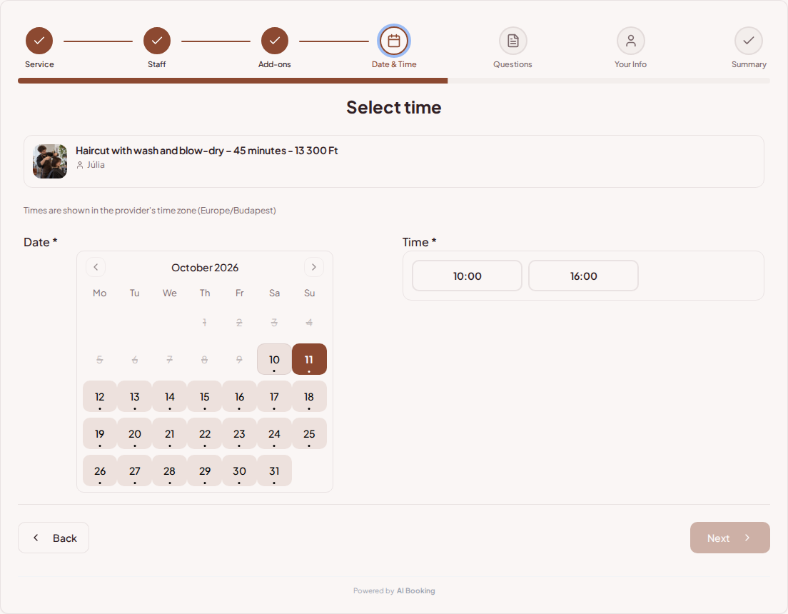 Appointment booking system for hairdressers – Hairdresser appointment booking calendar with available slots for the selected service Appointment booking system for hairdressers – Hairdresser appointment booking calendar with available slots for the selected service