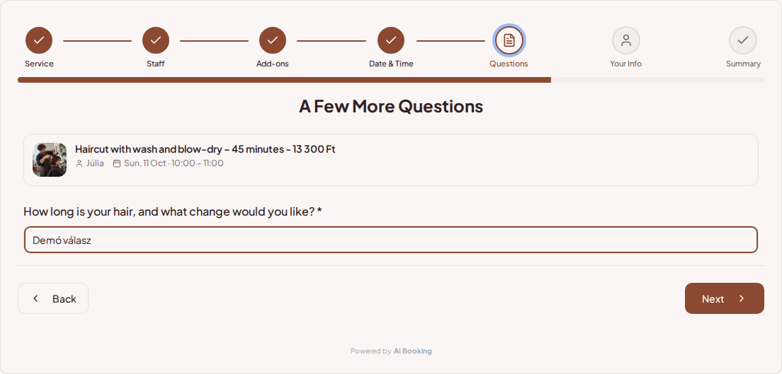 Appointment booking system for hairdressers – Hair treatment pre-booking question: How long is your hair, and what change would you like? Appointment booking system for hairdressers – Hair treatment pre-booking question: How long is your hair, and what change would you like?