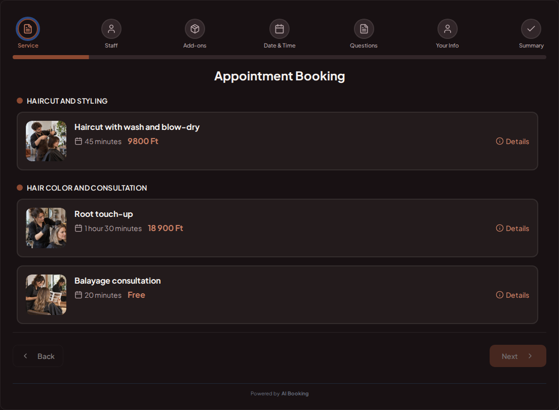 Appointment booking system for hairdressers – Haircut with wash and blow-dry, Root touch-up, Balayage consultation with prices, durations, and categories Appointment booking system for hairdressers – Haircut with wash and blow-dry, Root touch-up, Balayage consultation with prices, durations, and categories