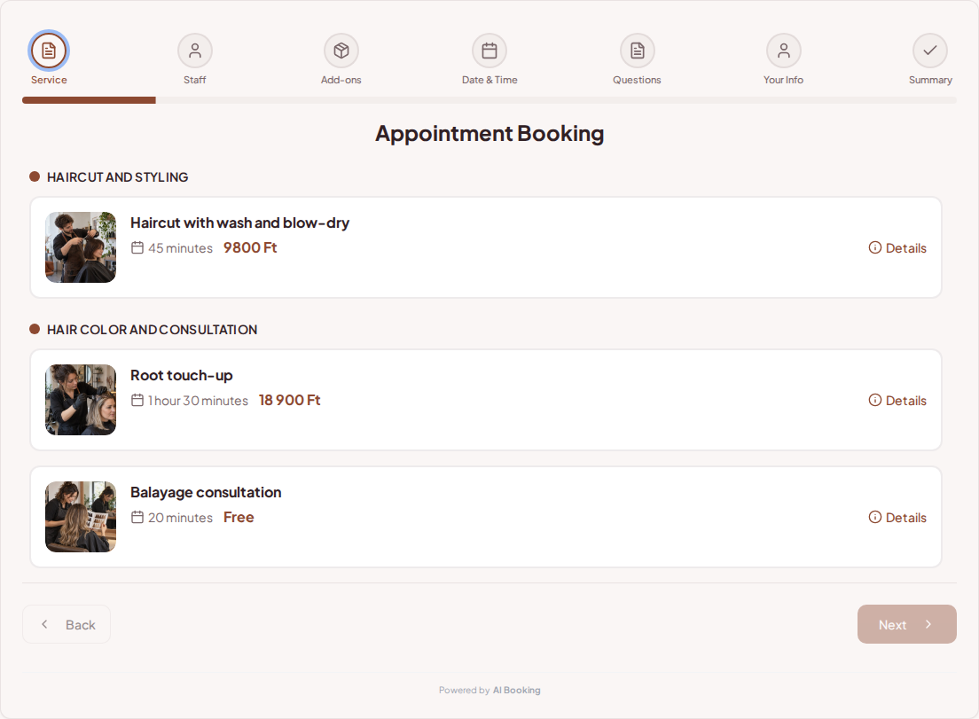 Appointment booking system for hairdressers – Haircut with wash and blow-dry, Root touch-up, Balayage consultation with prices, durations, and categories Appointment booking system for hairdressers – Haircut with wash and blow-dry, Root touch-up, Balayage consultation with prices, durations, and categories