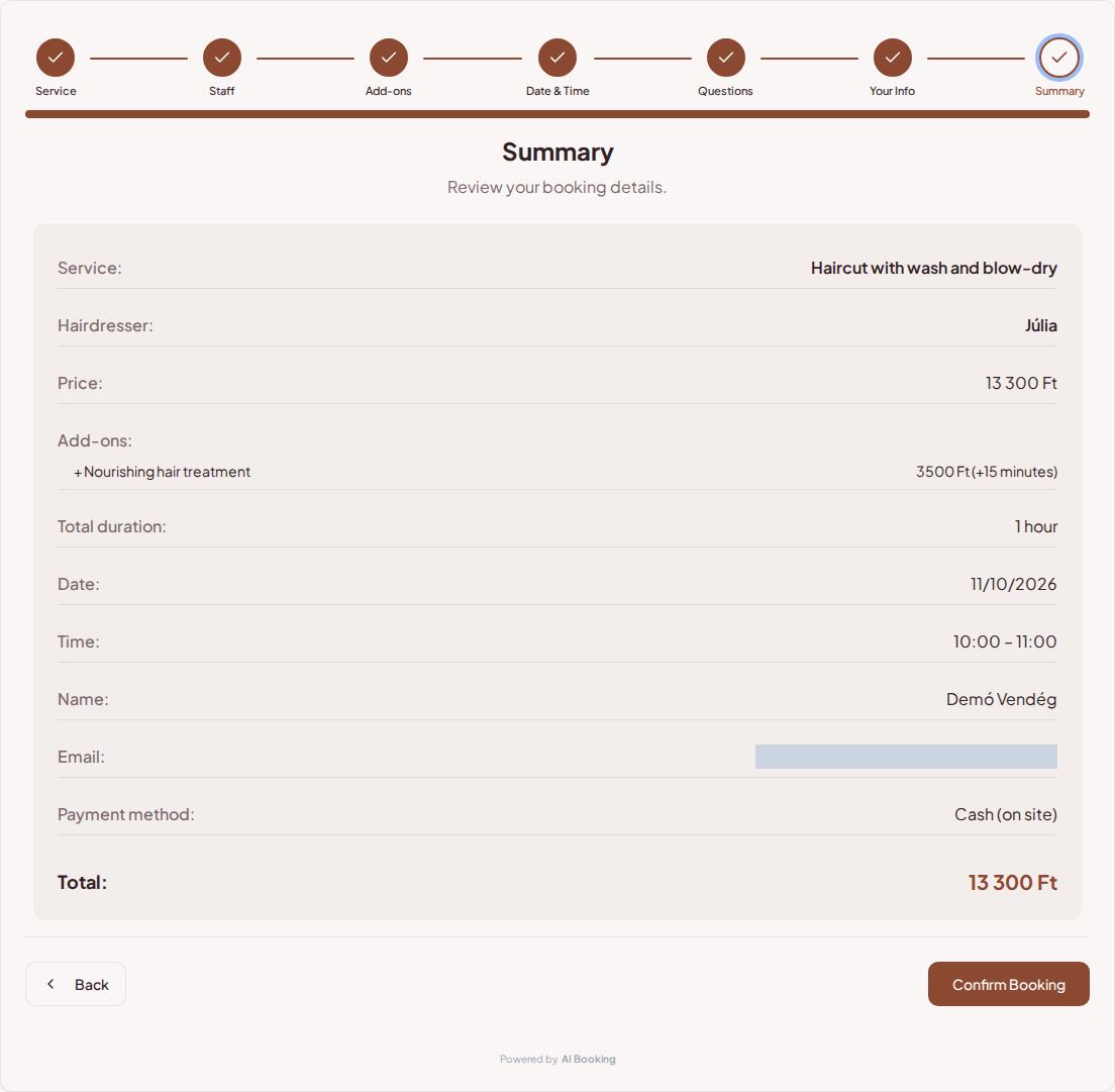 Appointment booking system for hairdressers – Hairdressing booking summary with service, professional, time, and fee Appointment booking system for hairdressers – Hairdressing booking summary with service, professional, time, and fee