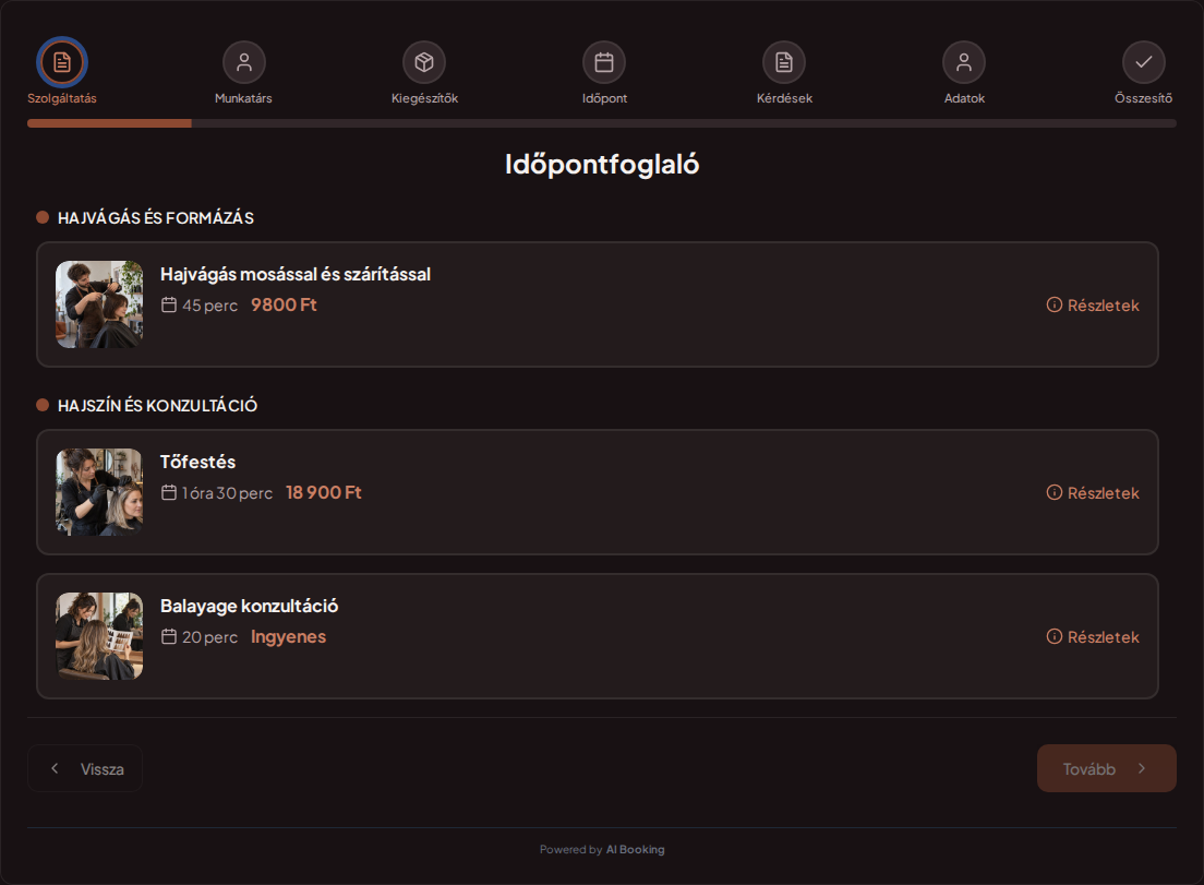 Időpontfoglaló rendszer fodrászoknak – Hajvágás mosással és szárítással, Tőfestés, Balayage konzultáció árakkal, időtartammal és kategóriákkal
