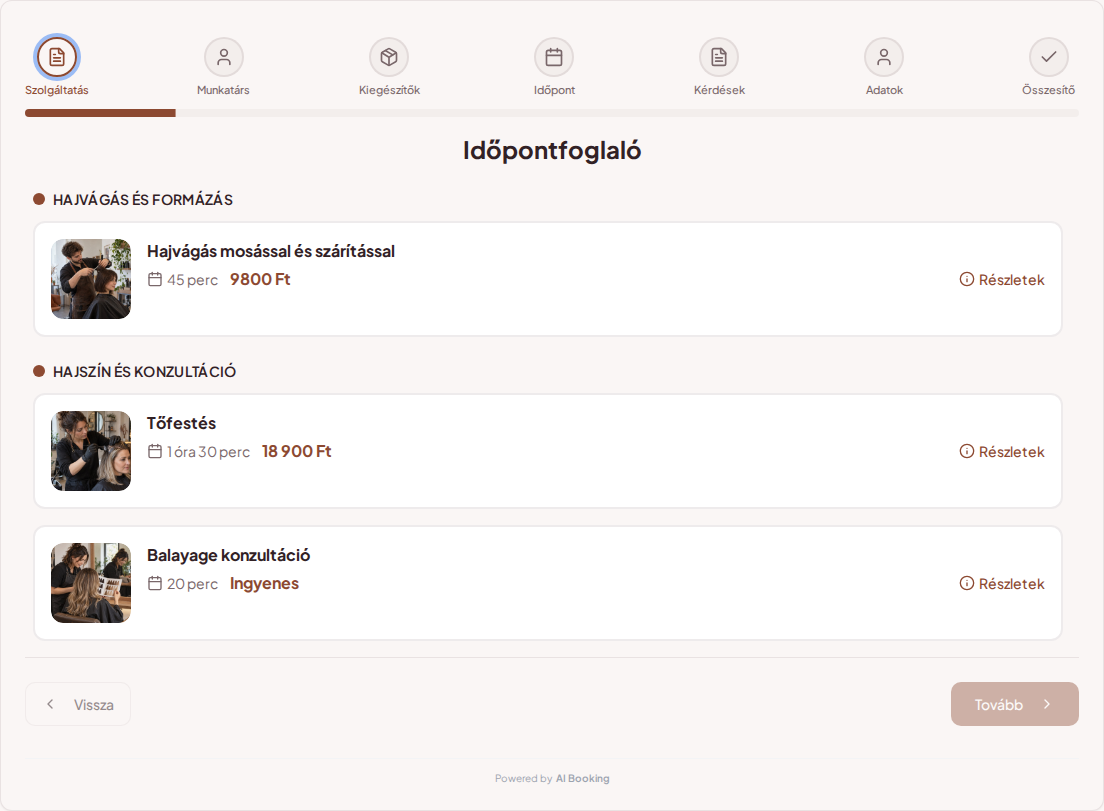 Időpontfoglaló rendszer fodrászoknak – Hajvágás mosással és szárítással, Tőfestés, Balayage konzultáció árakkal, időtartammal és kategóriákkal