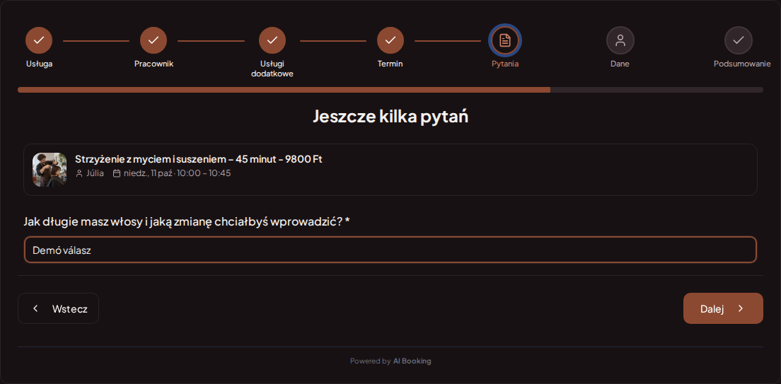 System rezerwacji dla fryzjerów – Pytanie wstępne przy rezerwacji fryzjerskiej: Jaką masz długość włosów i jakich zmian oczekujesz? System rezerwacji dla fryzjerów – Pytanie wstępne przy rezerwacji fryzjerskiej: Jaką masz długość włosów i jakich zmian oczekujesz?