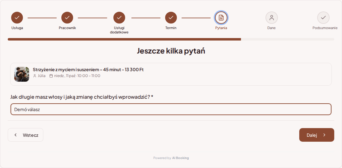 System rezerwacji dla fryzjerów – Pytanie wstępne przy rezerwacji fryzjerskiej: Jaką masz długość włosów i jakich zmian oczekujesz? System rezerwacji dla fryzjerów – Pytanie wstępne przy rezerwacji fryzjerskiej: Jaką masz długość włosów i jakich zmian oczekujesz?