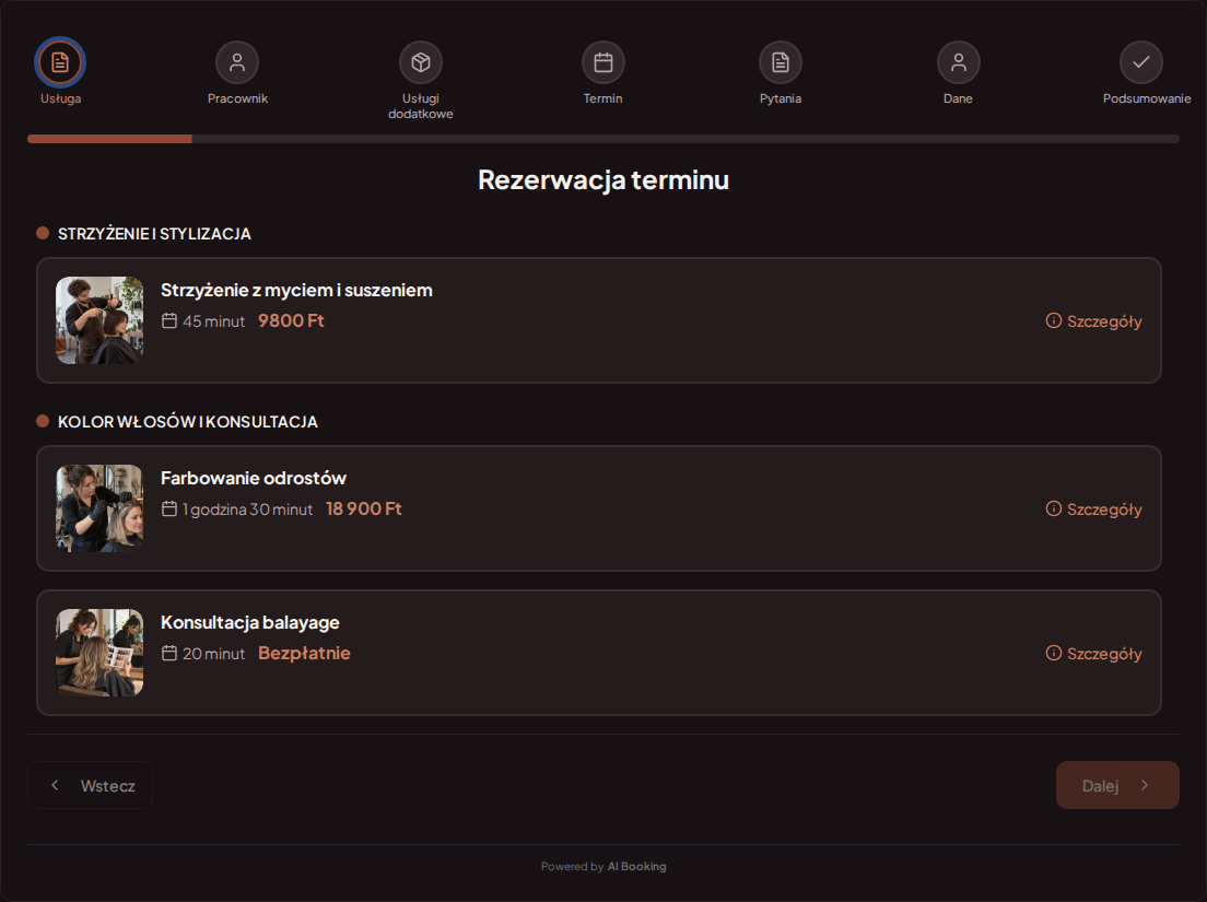 System rezerwacji dla fryzjerów – Strzyżenie z myciem i suszeniem, Farbowanie odrostów, Konsultacja balayage z cenami, czasem trwania i kategoriami System rezerwacji dla fryzjerów – Strzyżenie z myciem i suszeniem, Farbowanie odrostów, Konsultacja balayage z cenami, czasem trwania i kategoriami