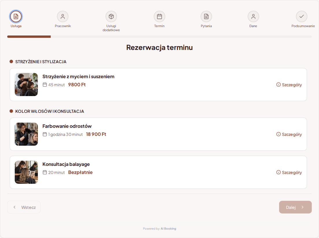 System rezerwacji dla fryzjerów – Strzyżenie z myciem i suszeniem, Farbowanie odrostów, Konsultacja balayage z cenami, czasem trwania i kategoriami System rezerwacji dla fryzjerów – Strzyżenie z myciem i suszeniem, Farbowanie odrostów, Konsultacja balayage z cenami, czasem trwania i kategoriami