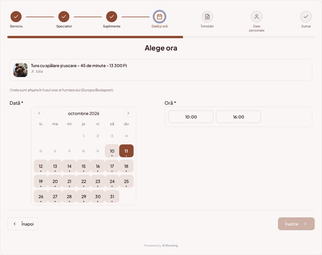 Sistem de programări pentru coafori – Calendar de programări coafor cu intervale libere pentru serviciul ales Sistem de programări pentru coafori – Calendar de programări coafor cu intervale libere pentru serviciul ales