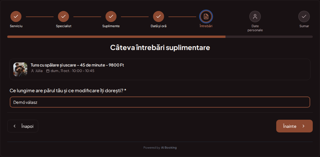 Sistem de programări pentru coafori – Întrebare prealabilă la rezervarea serviciului de coafor: Ce lungime are părul tău și ce modificare îți dorești? Sistem de programări pentru coafori – Întrebare prealabilă la rezervarea serviciului de coafor: Ce lungime are părul tău și ce modificare îți dorești?