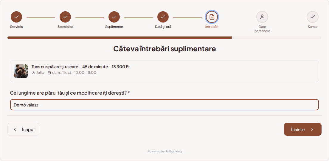 Sistem de programări pentru coafori – Întrebare prealabilă la rezervarea serviciului de coafor: Ce lungime are părul tău și ce modificare îți dorești? Sistem de programări pentru coafori – Întrebare prealabilă la rezervarea serviciului de coafor: Ce lungime are părul tău și ce modificare îți dorești?