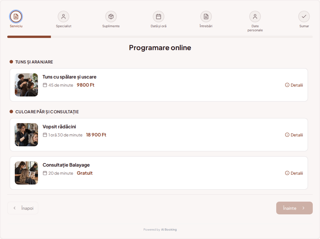 Sistem de programări pentru coafori – Tuns cu spălare și uscare, Vopsit rădăcini, Consultație Balayage cu prețuri, durată și categorii Sistem de programări pentru coafori – Tuns cu spălare și uscare, Vopsit rădăcini, Consultație Balayage cu prețuri, durată și categorii