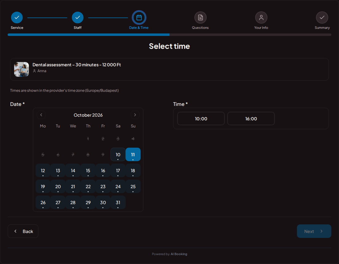 Appointment booking system for dentists – Dental clinic booking calendar with available slots for the selected service Appointment booking system for dentists – Dental clinic booking calendar with available slots for the selected service