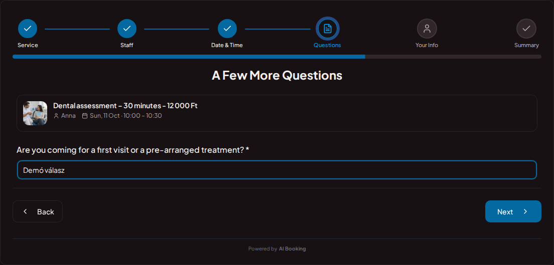 Appointment booking system for dentists – Dental visit pre-booking question: Are you coming for a first visit or a pre-arranged treatment? Appointment booking system for dentists – Dental visit pre-booking question: Are you coming for a first visit or a pre-arranged treatment?