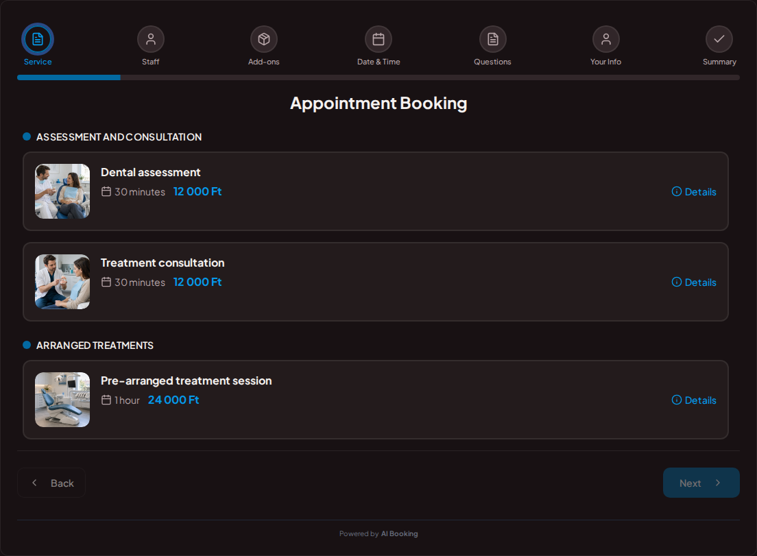 Appointment booking system for dentists – Dental assessment, Treatment consultation, Pre-arranged treatment session with prices, durations, and categories Appointment booking system for dentists – Dental assessment, Treatment consultation, Pre-arranged treatment session with prices, durations, and categories