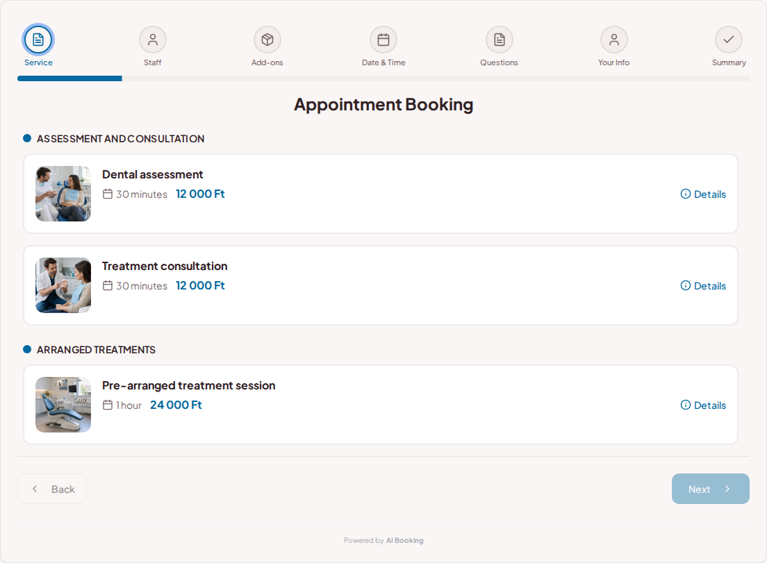 Appointment booking system for dentists – Dental assessment, Treatment consultation, Pre-arranged treatment session with prices, durations, and categories Appointment booking system for dentists – Dental assessment, Treatment consultation, Pre-arranged treatment session with prices, durations, and categories