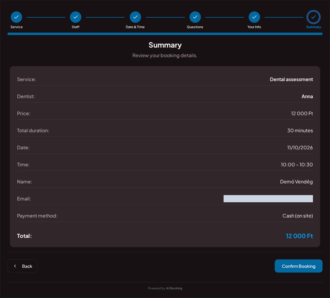 Appointment booking system for dentists – Dental visit booking summary with service, specialist, time, and fee Appointment booking system for dentists – Dental visit booking summary with service, specialist, time, and fee